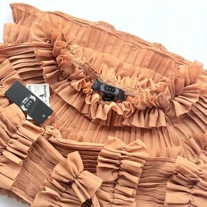 NWT AZI New York Ruffled Pleated Nude / Tan Long Sleeve Top XS